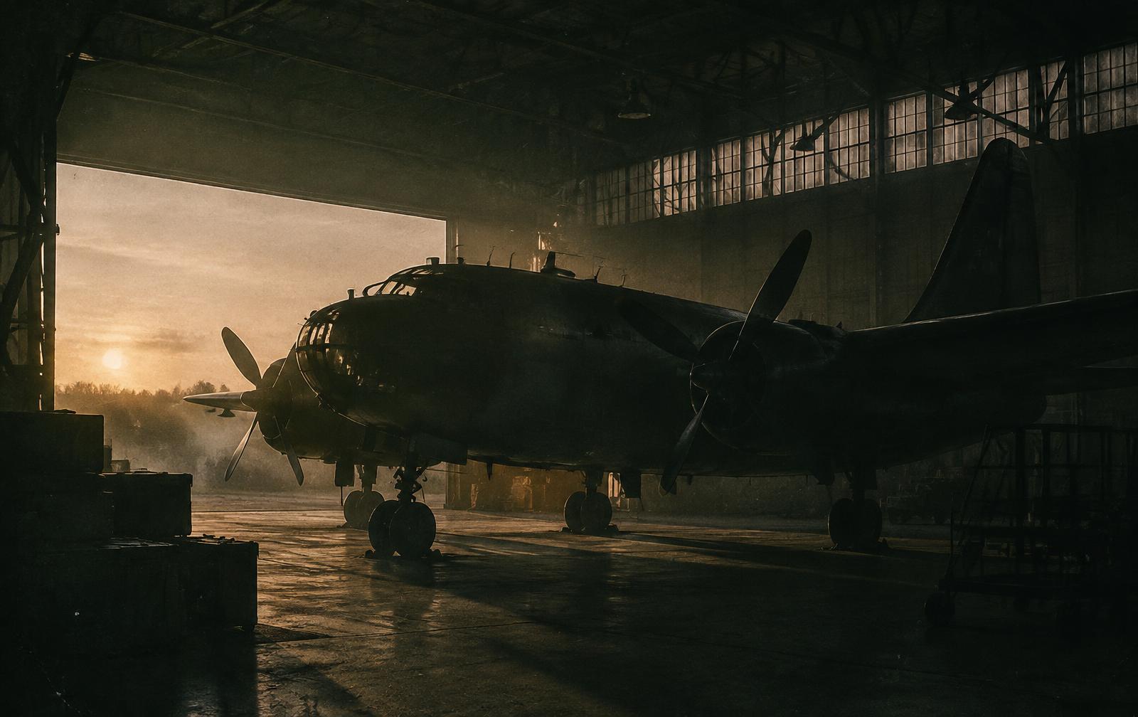 A dim aircraft hangar at night
