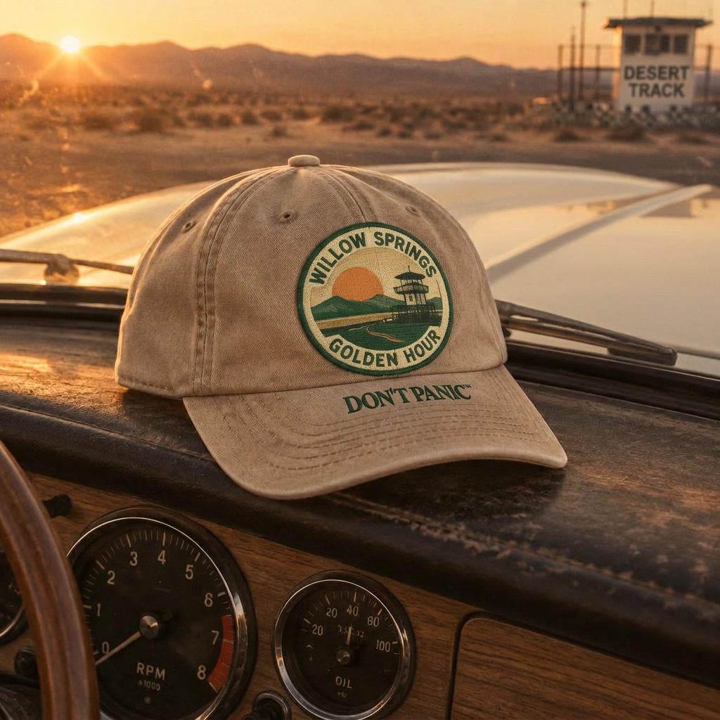 Sand cap with a Willow Springs Golden Hour sunset patch on a race car dash