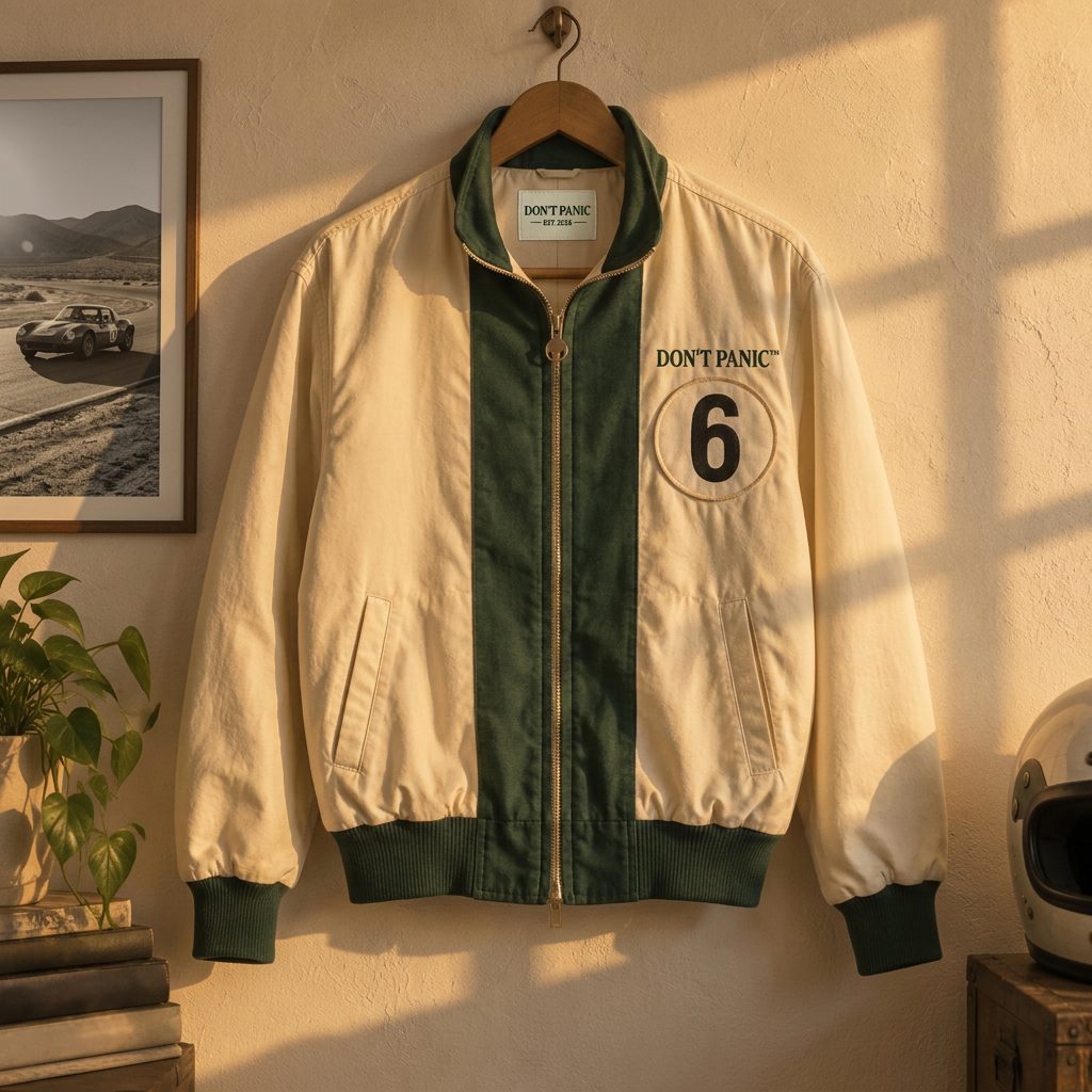 Cream track jacket with a green center stripe and a number 6 roundel
