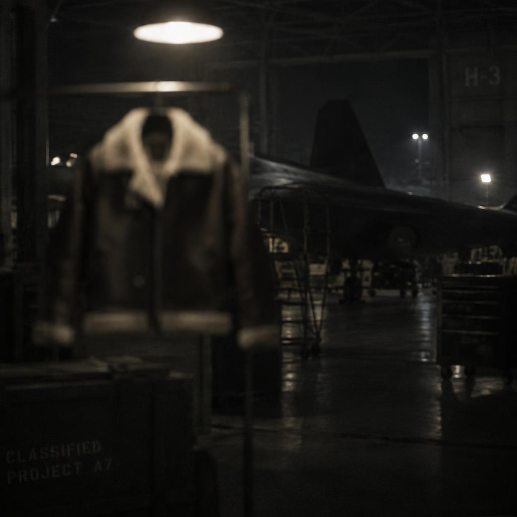 A blurred silhouette of the classified flight jacket in a night hangar