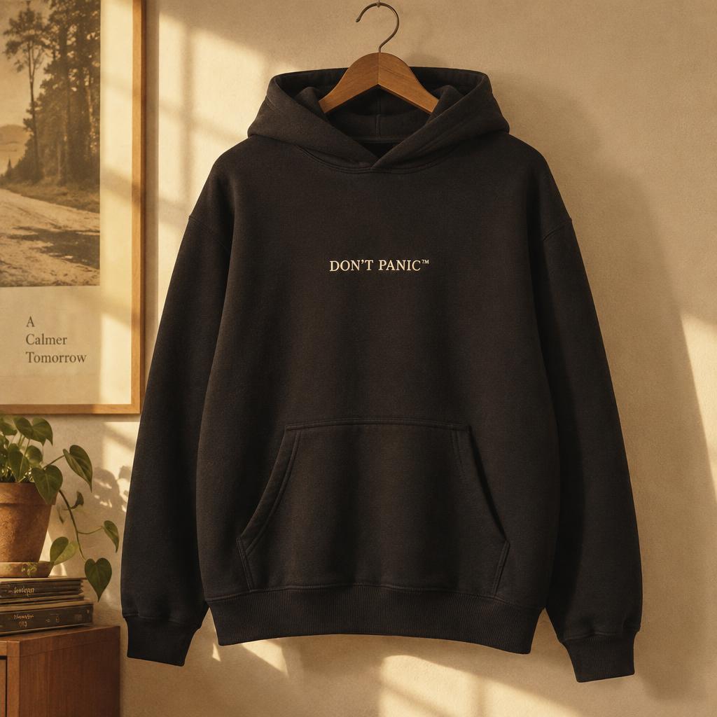 Black heavyweight hoodie with the DON'T PANIC wordmark embroidered on the chest
