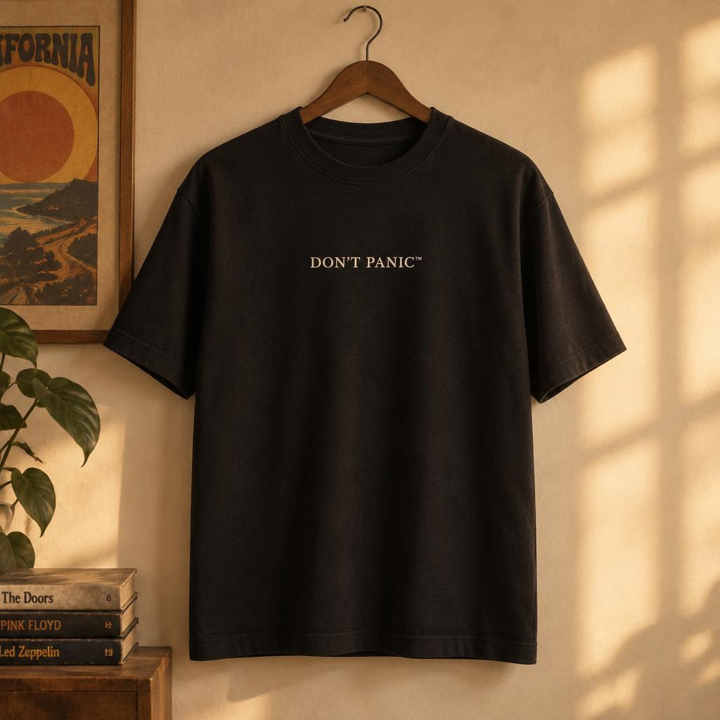 Black heavyweight tee with the DON'T PANIC wordmark on the chest